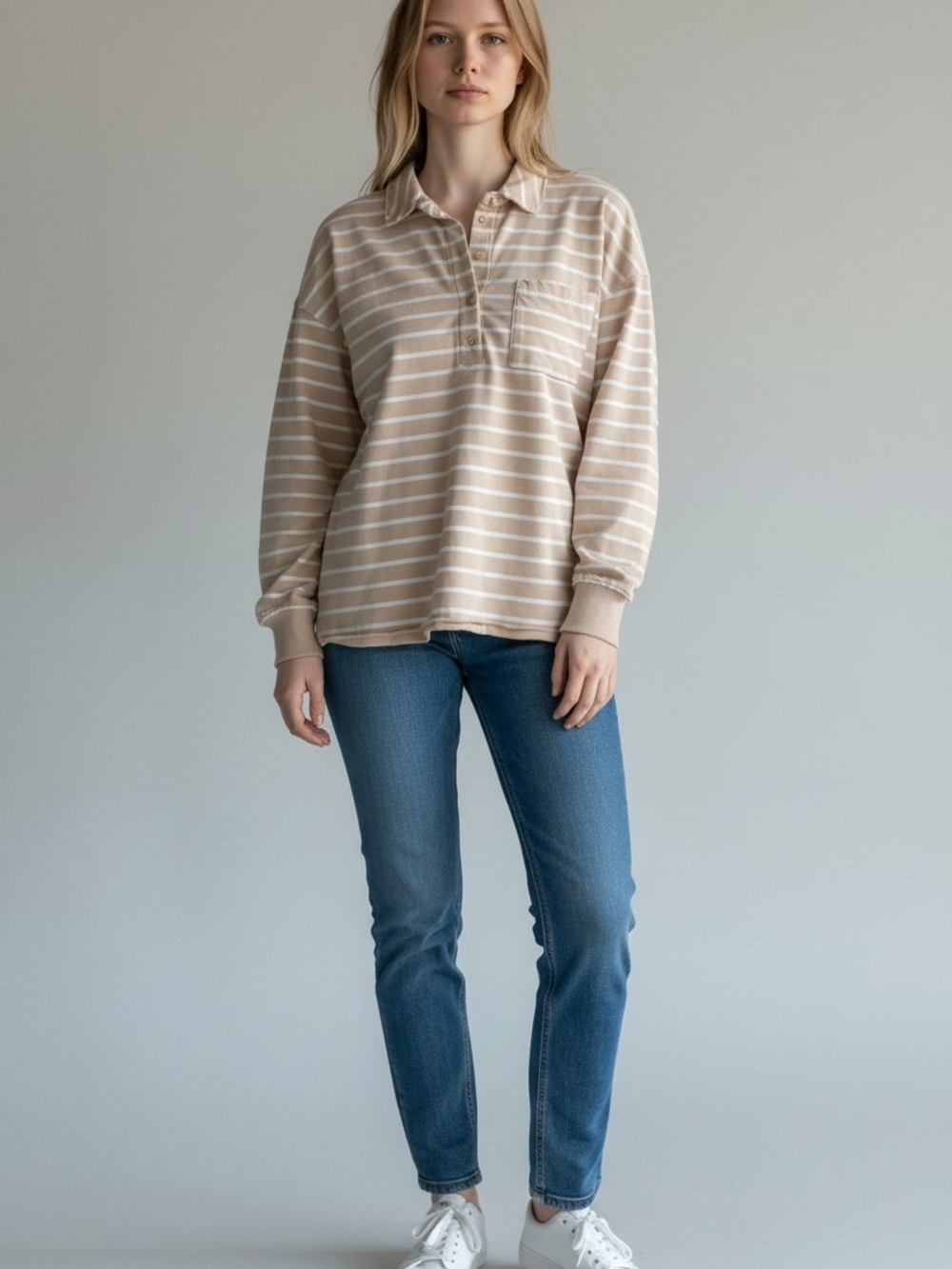 Aerie Beige Striped Long Sleeve Pullover Top | Relaxed Fit